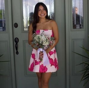 Showpo. Catharine Mini Dress - Strapless A-Line Bouquet Print in Pink and White